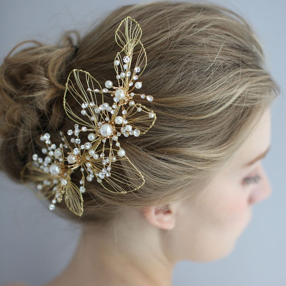 【ヘッドドレス】ブライダルヘッドドレス ビジュー フラワー ボンネ ゴールド m6 【結婚式 ヘアアクセサリー】