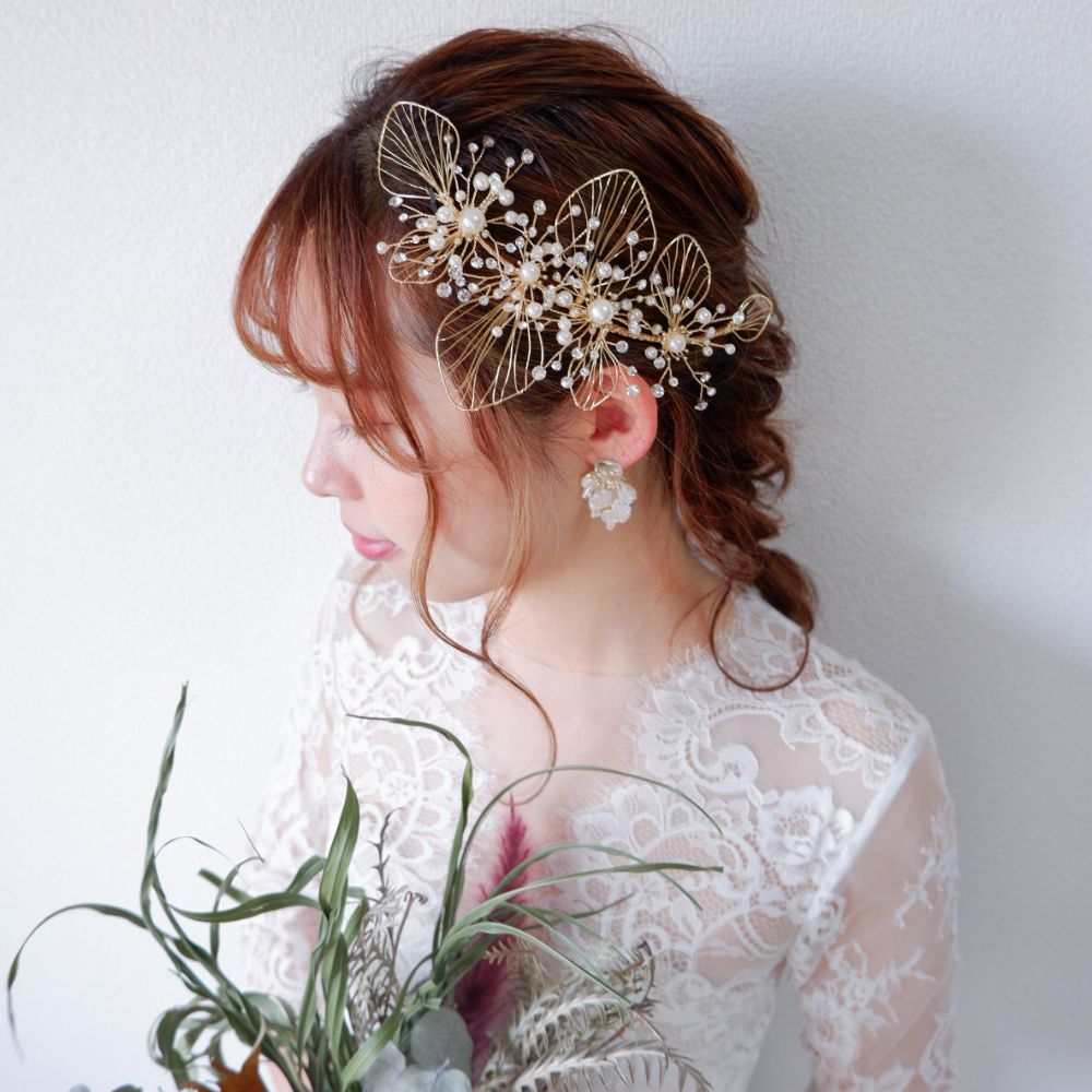 【ヘッドドレス】ブライダルヘッドドレス ビジュー フラワー ボンネ ゴールド m6 【結婚式 ヘアアクセサリー】