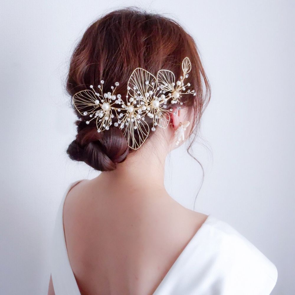 【ヘッドドレス】ブライダルヘッドドレス ビジュー フラワー ボンネ ゴールド m6 【結婚式 ヘアアクセサリー】