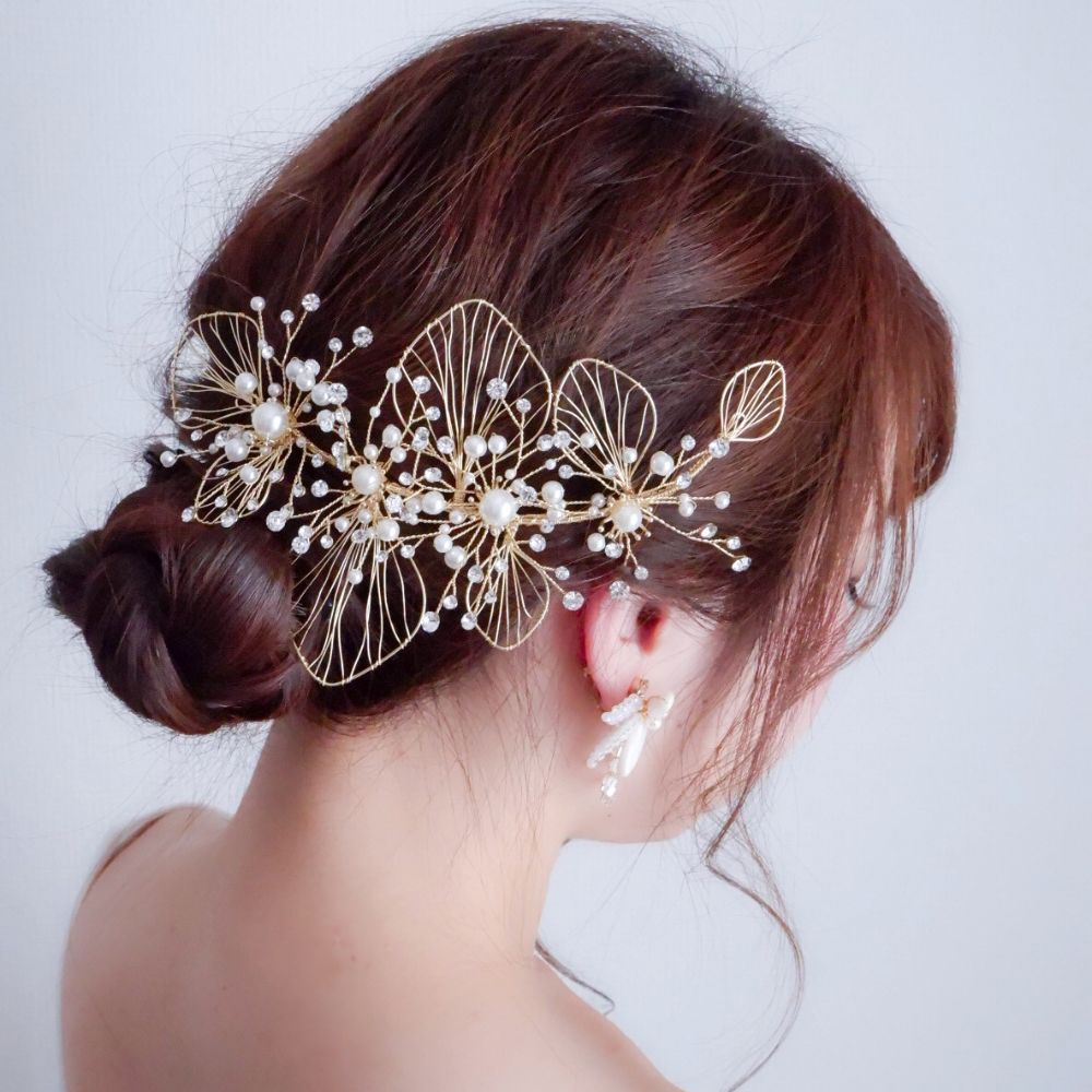 【ヘッドドレス】ブライダルヘッドドレス ビジュー フラワー ボンネ ゴールド m6 【結婚式 ヘアアクセサリー】