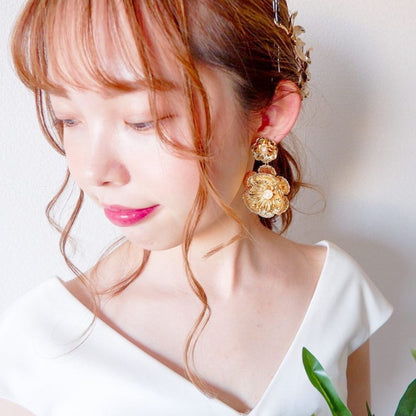【ピアス】ブライダルピアス アンティークピアス パール フラワー ゴールド n6 【結婚式 ピアス イヤリング】