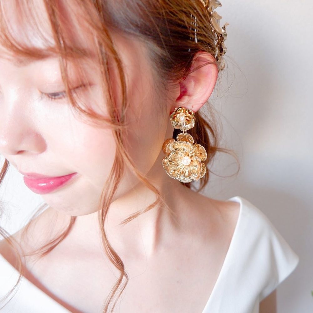 【ピアス】ブライダルピアス アンティークピアス パール フラワー ゴールド n6 【結婚式 ピアス イヤリング】