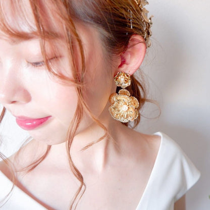 【ピアス】ブライダルピアス アンティークピアス パール フラワー ゴールド n6 【結婚式 ピアス イヤリング】