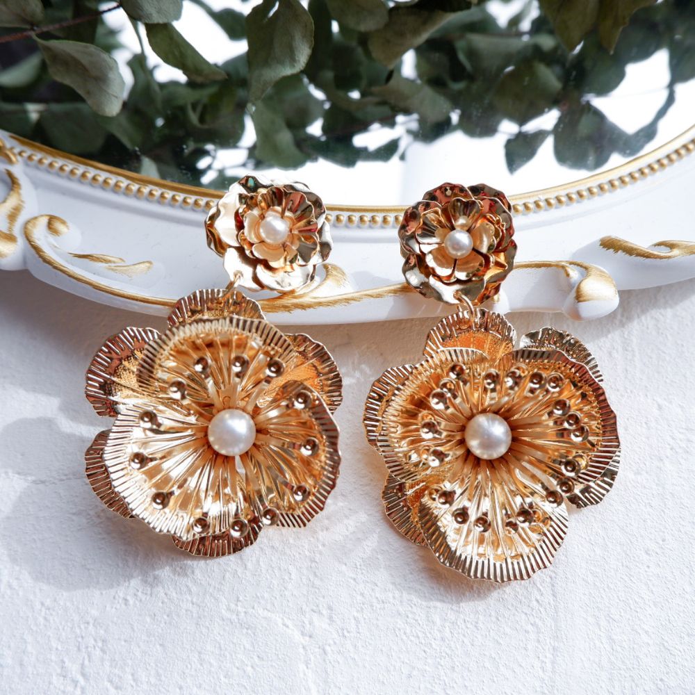 【ピアス】ブライダルピアス アンティークピアス パール フラワー ゴールド n6 【結婚式 ピアス イヤリング】