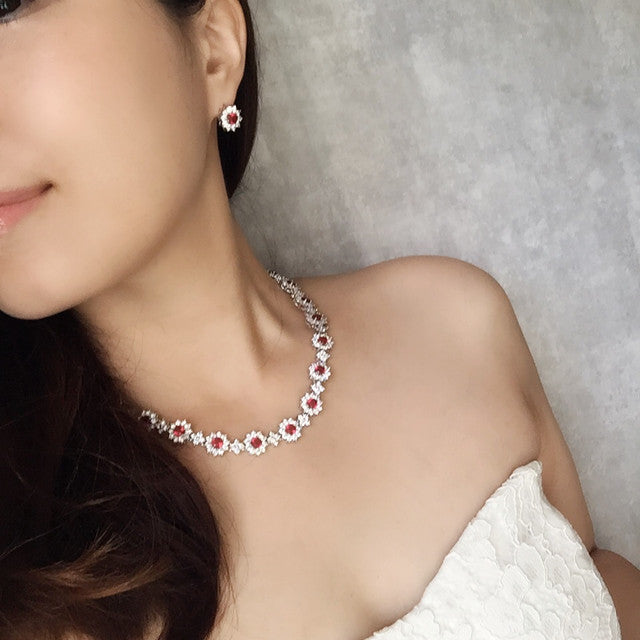 classical red ジルコニアネックレス&ピアスset 【結婚式　アクセサリーセット】