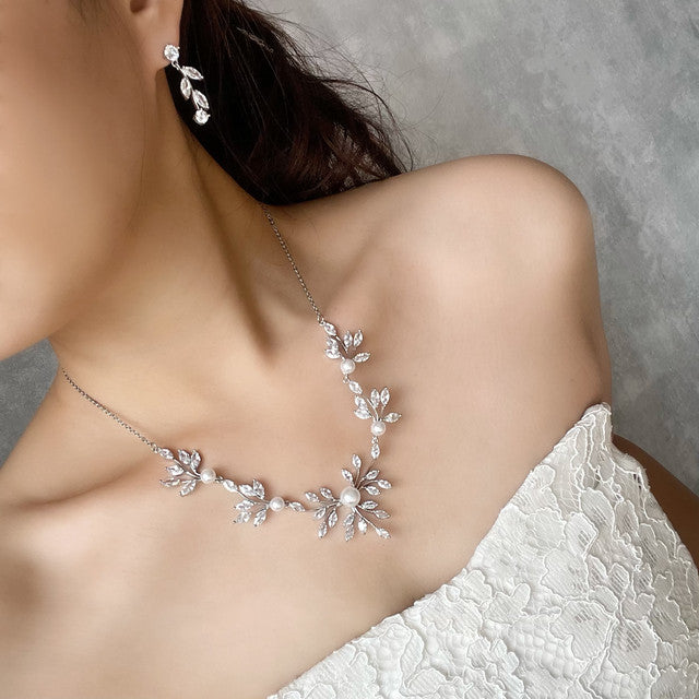 Jardin ジルコニアブライダルネックレス&ピアスセット 【結婚式 アクセサリーセット】