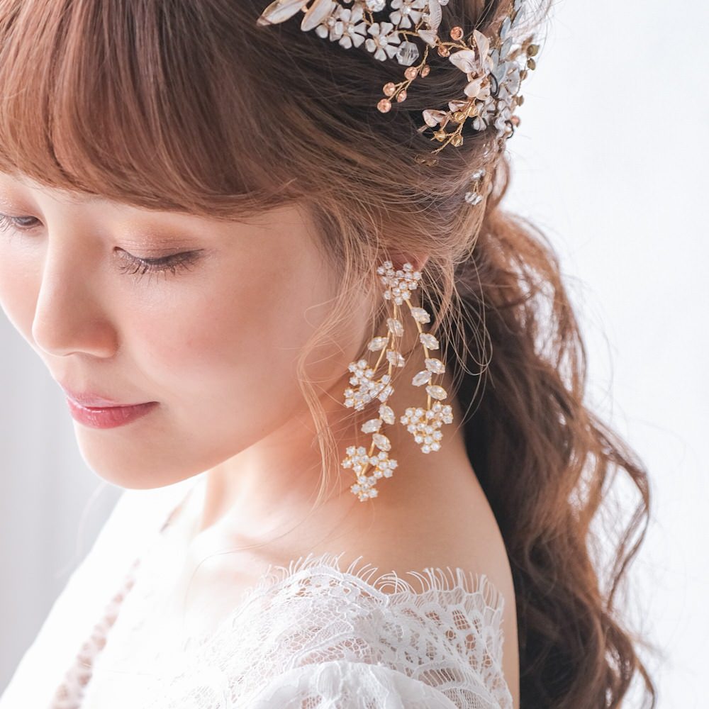 【イヤリング】ジルコニア フラワー ウェディング ブライダルイヤリング ゴールド n14 【結婚式 ピアス イヤリング】