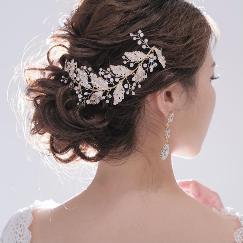 ブライダルヘッドドレス ビジュー リーフ ボンネ ゴールド m14 【結婚式　ヘアアクセサリー】