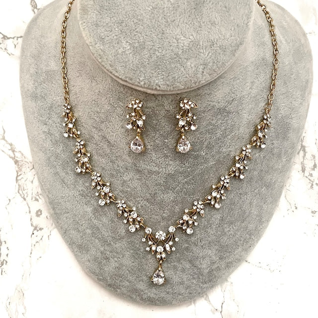 ange gold ビジューブライダルネックレス&ピアスセット【結婚式 アクセサリーセット】