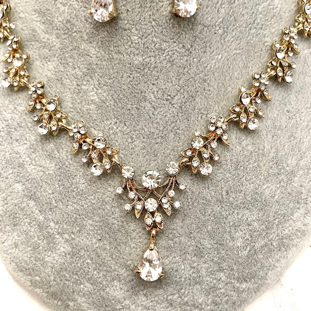 ange gold ビジューブライダルネックレス&ピアスセット【結婚式 アクセサリーセット】