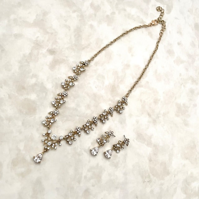 ange gold ビジューブライダルネックレス&ピアスセット【結婚式 アクセサリーセット】