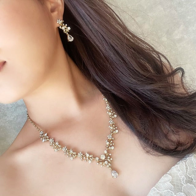 ange gold ビジューブライダルネックレス&ピアスセット【結婚式 アクセサリーセット】