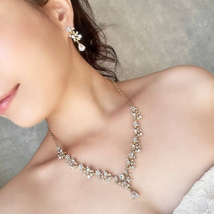 ange gold ビジューブライダルネックレス&ピアスセット【結婚式 アクセサリーセット】