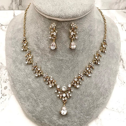 ange gold ビジューブライダルネックレス&ピアスセット【結婚式 アクセサリーセット】