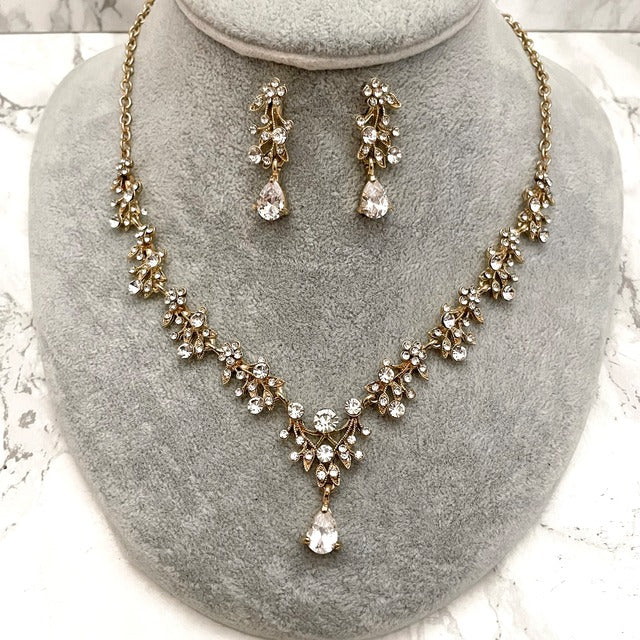 ange gold ビジューブライダルネックレス&ピアスセット【結婚式 アクセサリーセット】