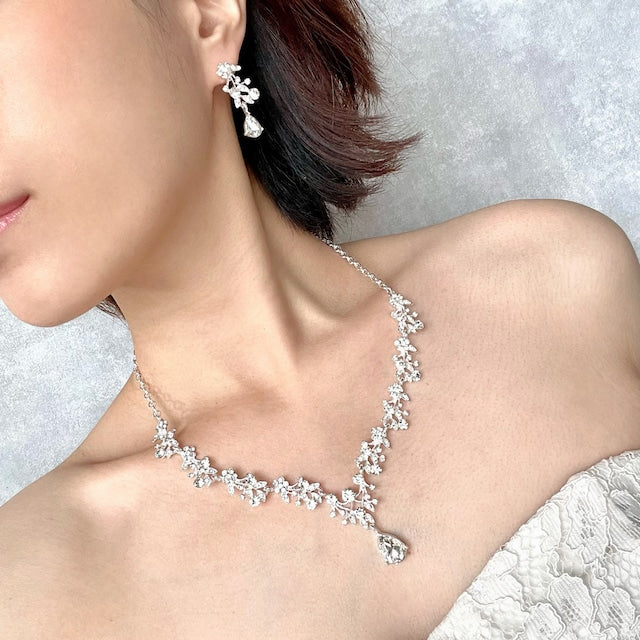 ange silverビジューブライダルネックレス&ピアスセット 【結婚式 アクセサリーセット】