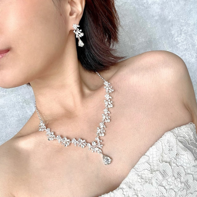ange silverビジューブライダルネックレス&ピアスセット 【結婚式 アクセサリーセット】