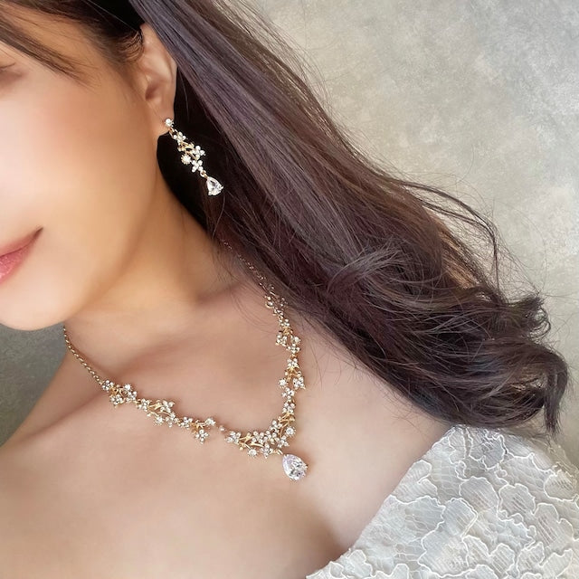 jouer goldビジューブライダルネックレス&ピアスセット【結婚式 アクセサリーセット】
