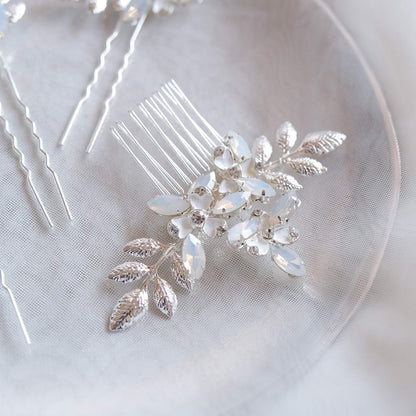 (4点セット) ブライダルヘッドドレス フラワー リーフ ヘッドコーム ピン【シルバー】p10 【結婚式 ヘアアクセサリー】