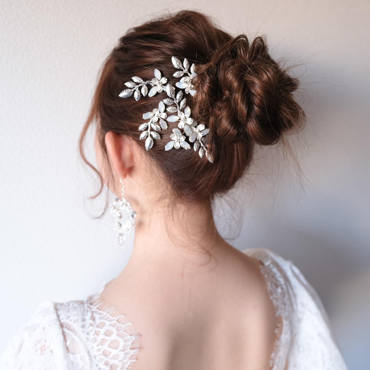 (4点セット) ブライダルヘッドドレス フラワー リーフ ヘッドコーム ピン【シルバー】p10 【結婚式　ヘアアクセサリー】