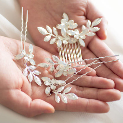(4点セット) ブライダルヘッドドレス フラワー リーフ ヘッドコーム ピン【シルバー】p10 【結婚式 ヘアアクセサリー】