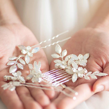 (4点セット) ブライダルヘッドドレス フラワー リーフ ヘッドコーム ピン【シルバー】p10 【結婚式 ヘアアクセサリー】