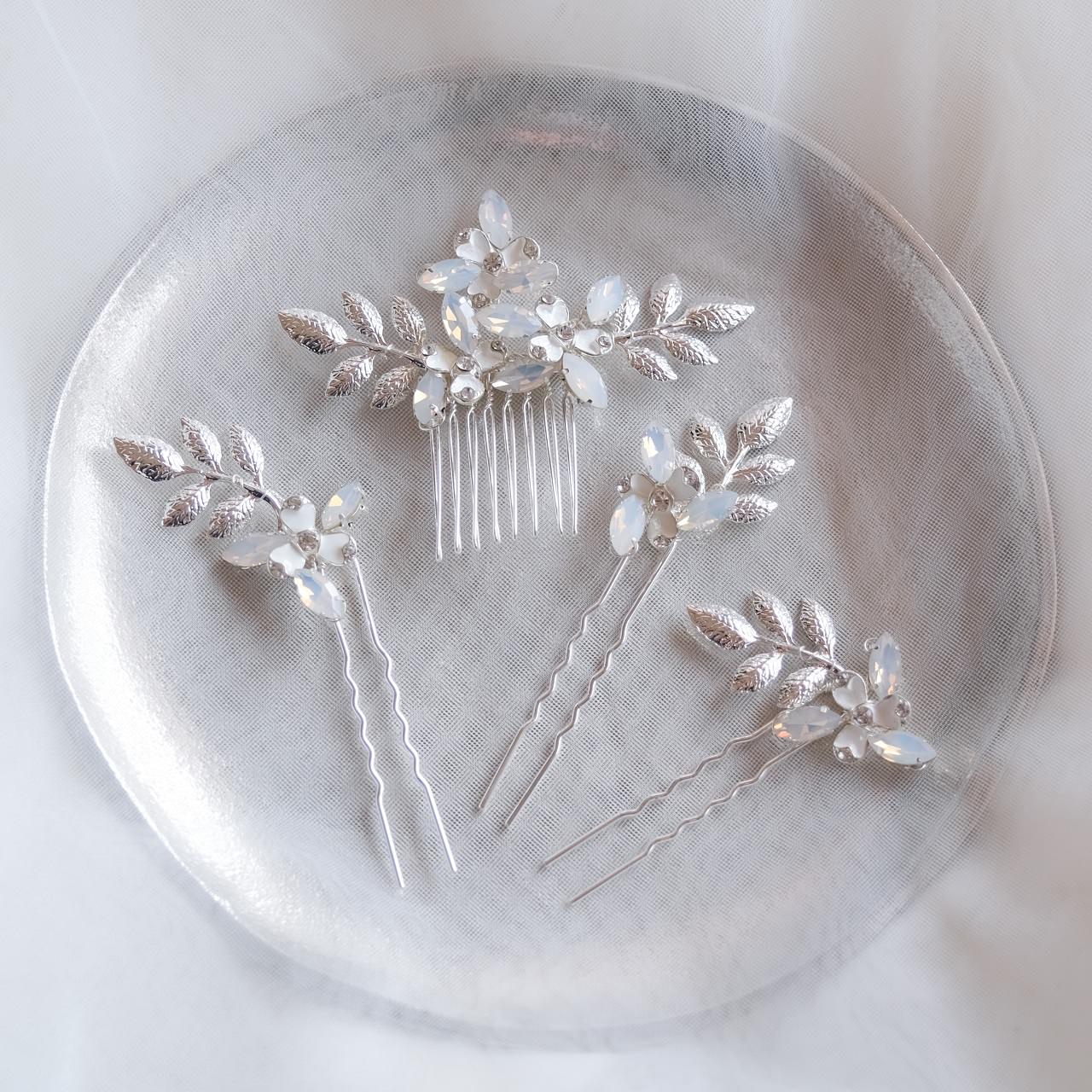 (4点セット) ブライダルヘッドドレス フラワー リーフ ヘッドコーム ピン【シルバー】p10 【結婚式 ヘアアクセサリー】