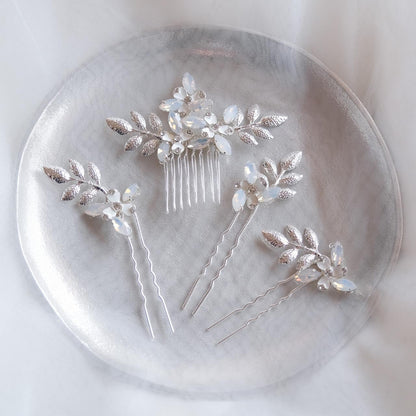 (4点セット) ブライダルヘッドドレス フラワー リーフ ヘッドコーム ピン【シルバー】p10 【結婚式 ヘアアクセサリー】