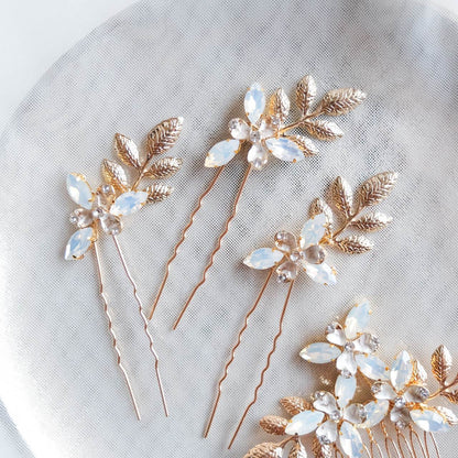 (4点セット) ブライダルヘッドドレス フラワー リーフ ヘッドコーム ピン【ゴールド】p11 【結婚式 ヘアアクセサリー】