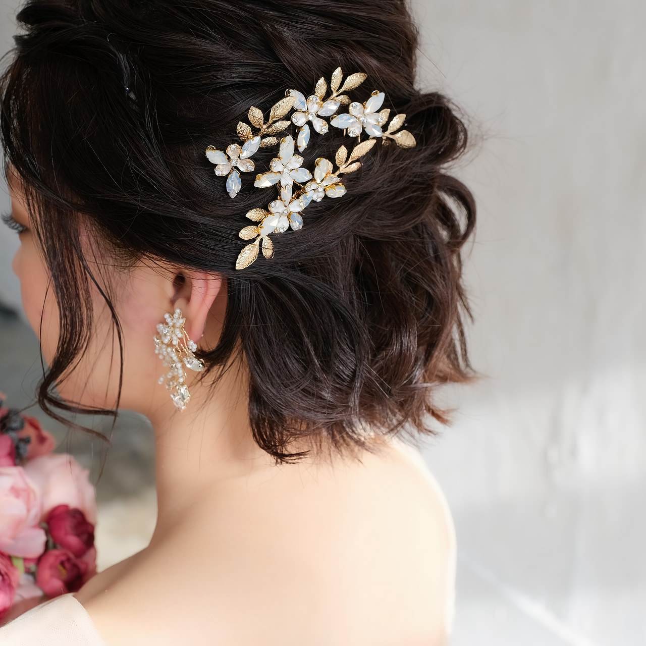 (4点セット) ブライダルヘッドドレス フラワー リーフ ヘッドコーム ピン【ゴールド】p11 【結婚式　ヘアアクセサリー】