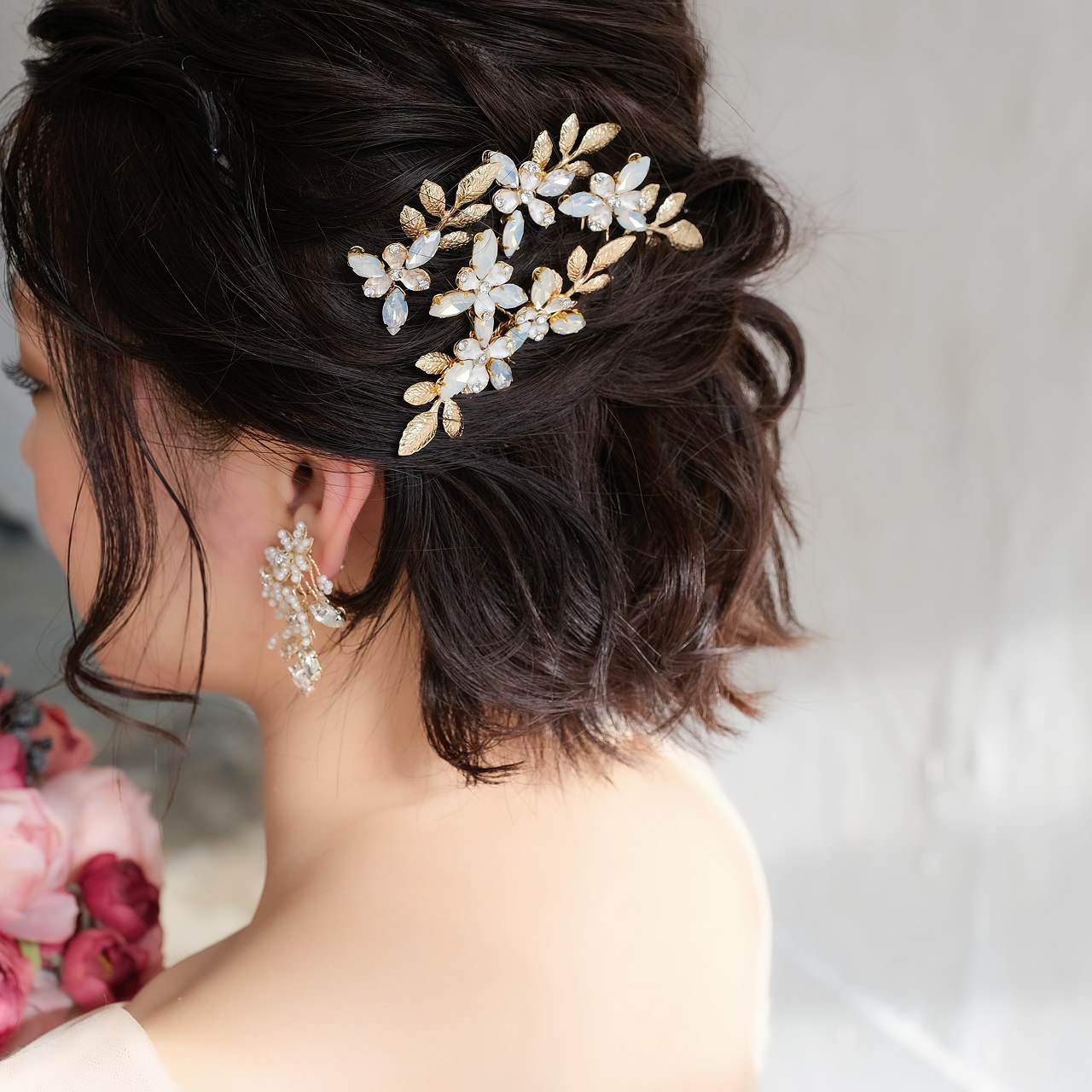 (4点セット) ブライダルヘッドドレス フラワー リーフ ヘッドコーム ピン【ゴールド】p11 【結婚式 ヘアアクセサリー】