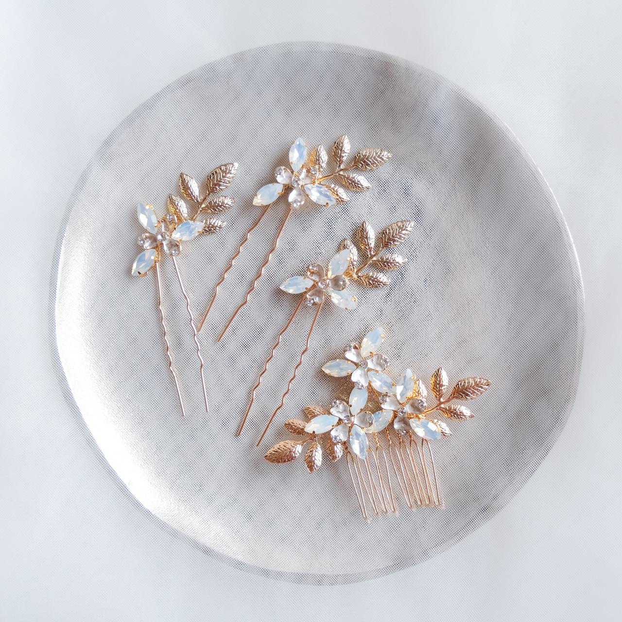 (4点セット) ブライダルヘッドドレス フラワー リーフ ヘッドコーム ピン【ゴールド】p11 【結婚式 ヘアアクセサリー】