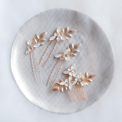 (4点セット) ブライダルヘッドドレス フラワー リーフ ヘッドコーム ピン【ゴールド】p11 【結婚式 ヘアアクセサリー】