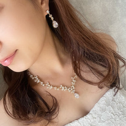 juri yellowgold ジルコニア ネックレス&ピアスセット 【結婚式 アクセサリーセット】