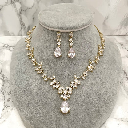 juri yellowgold ジルコニア ネックレス&ピアスセット 【結婚式 アクセサリーセット】