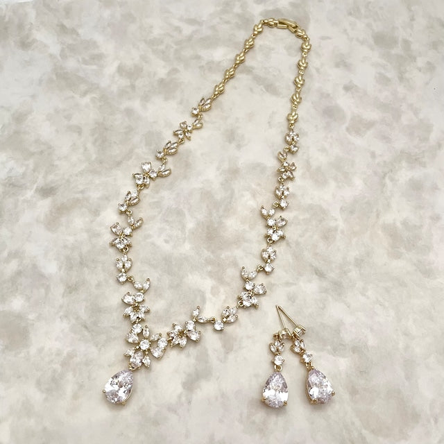 juri yellowgold ジルコニア ネックレス&ピアスセット 【結婚式 アクセサリーセット】