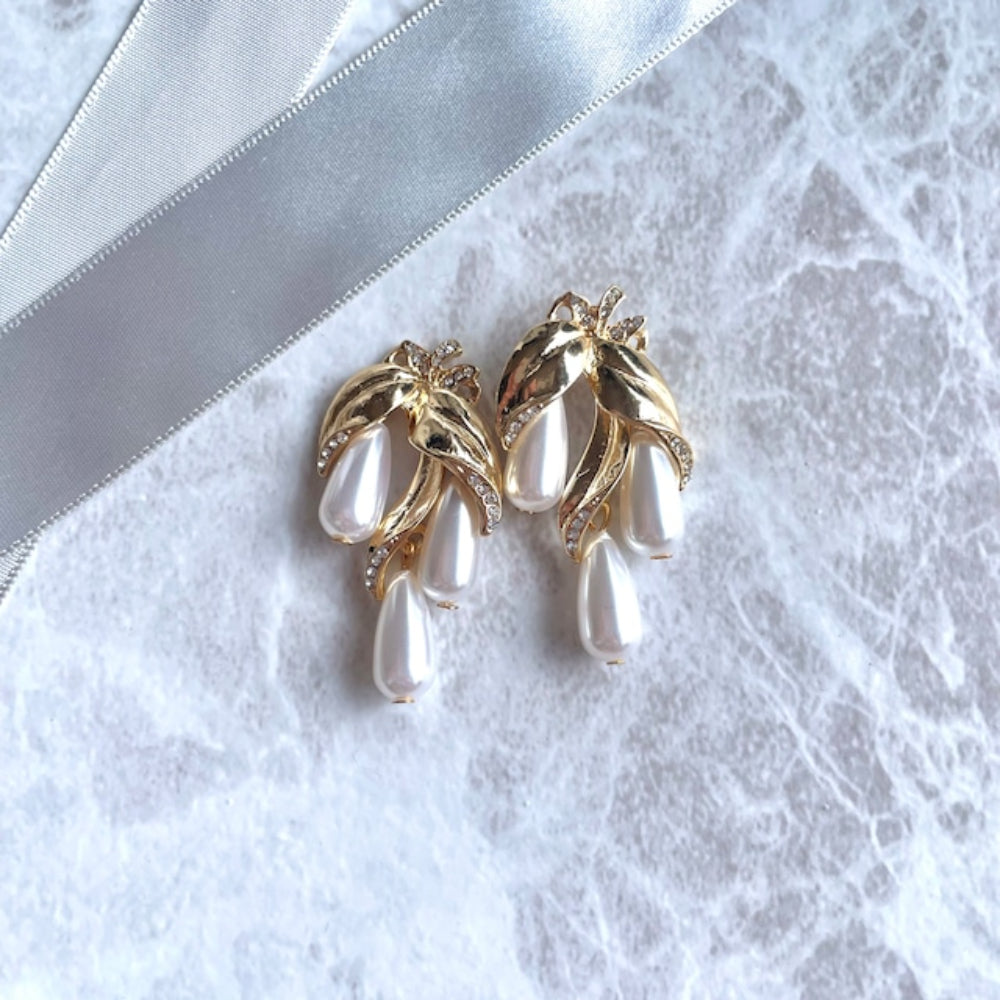 【ピアス・イヤリング】rosette ゴールドパールピアス 【結婚式 ピアス イヤリング】