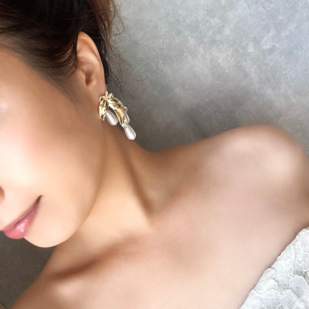 【ピアス・イヤリング】rosette ゴールドパールピアス 【結婚式 ピアス イヤリング】