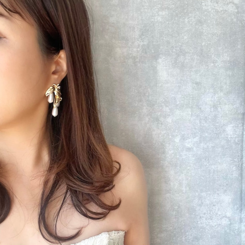 【ピアス・イヤリング】rosette ゴールドパールピアス 【結婚式 ピアス イヤリング】