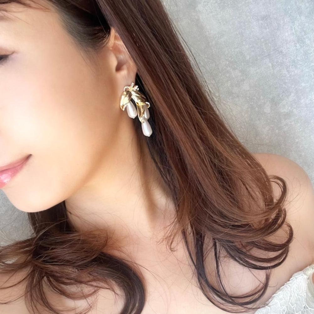 【ピアス・イヤリング】rosette ゴールドパールピアス 【結婚式　ピアス　イヤリング】