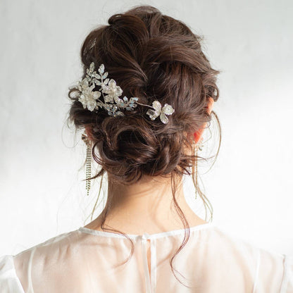 (2点セット) ブライダルヘッドドレス フラワー リーフ ヘッドコーム ピン シルバー p22 【結婚式 ヘアアクセサリー】