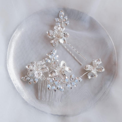 (2点セット) ブライダルヘッドドレス フラワー リーフ ヘッドコーム ピン シルバー p22 【結婚式 ヘアアクセサリー】