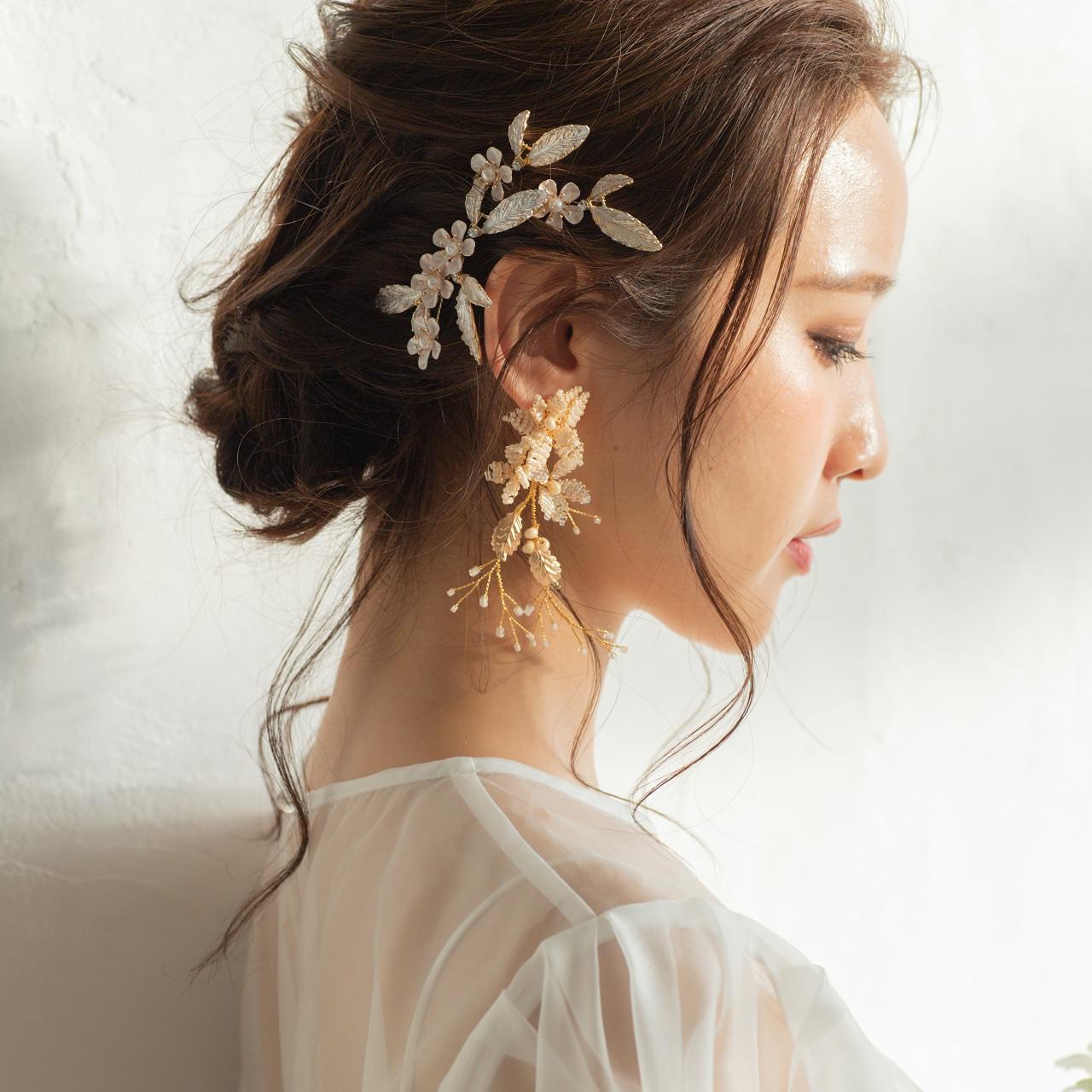 (3点セット) ブライダルヘッドドレス フラワー リーフ ヘッドコーム ピン ゴールド p25 【結婚式 ヘアアクセサリー】