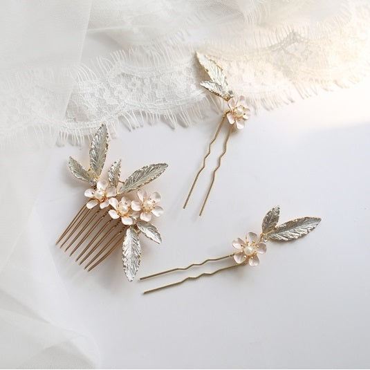 (3点セット) ブライダルヘッドドレス フラワー リーフ ヘッドコーム ピン ゴールド p25 【結婚式 ヘアアクセサリー】