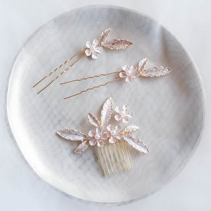 (3点セット) ブライダルヘッドドレス フラワー リーフ ヘッドコーム ピン ゴールド p25 【結婚式 ヘアアクセサリー】