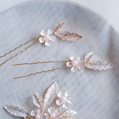 (3点セット) ブライダルヘッドドレス フラワー リーフ ヘッドコーム ピン ゴールド p25 【結婚式 ヘアアクセサリー】