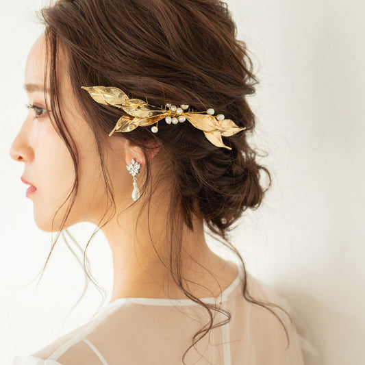 ブライダルヘッドドレス パール リーフ ヘッドコーム ゴールド p26 【結婚式 ヘアアクセサリー】