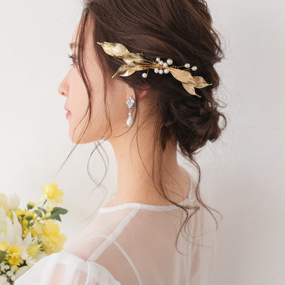 ブライダルヘッドドレス パール リーフ ヘッドコーム ゴールド  p26 【結婚式　ヘアアクセサリー】