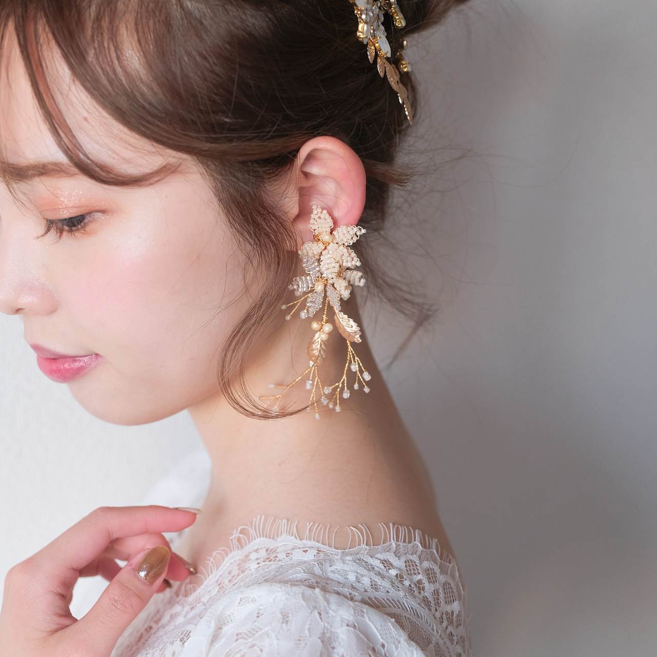 【イヤリング】ブライダルイヤリング 小枝イヤリング ビーズ ゴールド p27 【結婚式 ピアス イヤリング】