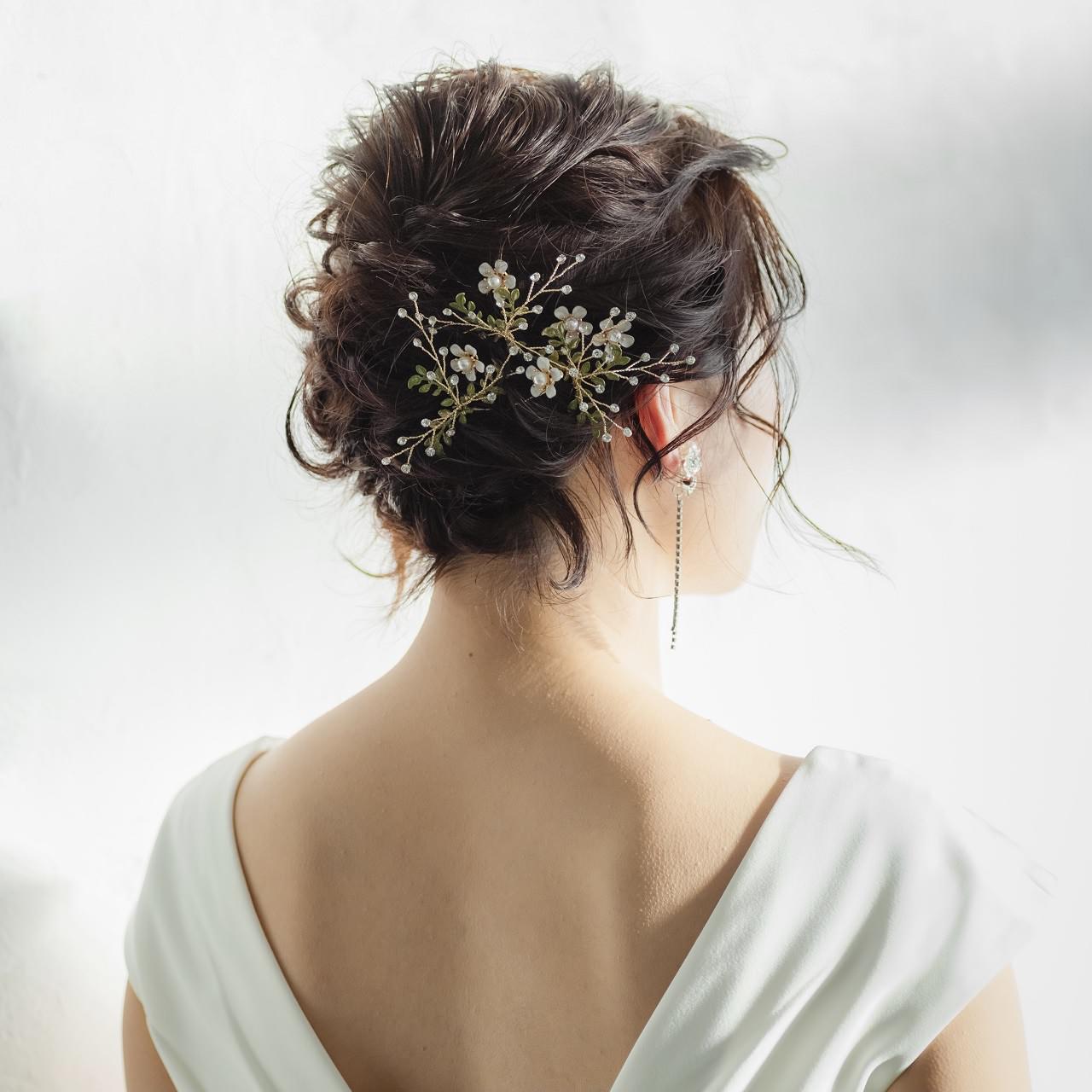 (3点セット) ブライダルヘッドドレス 小枝ピン リーフピン グリーン p28 【結婚式 ヘアアクセサリー】